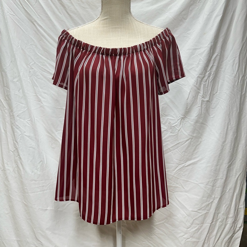 Bobeau Dark Red Striped Off Shoulder Sheer Top Size XL